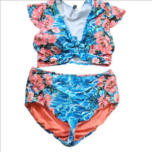 Floral Blue Waterprint High-Waist Bikini Set